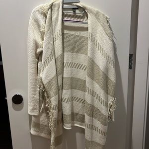 White and gold striped Ella Moss cardigan with sparkly gold fringe detail
